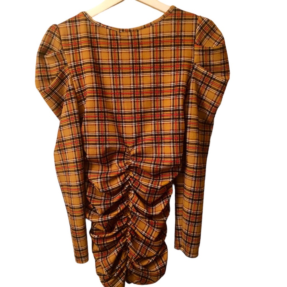 Absolutely Love It Dress Plaid Ruching Puffy Sleeves Sz. Juniors Large - Picture 4 of 8